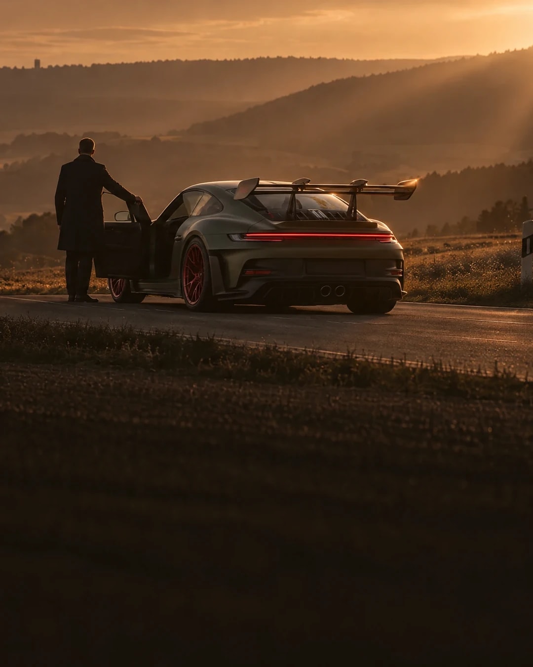 Abendlicht auf einer Kammstraße in den Hügeln: Ein Mann hält die Fahrertür eines mattgrünen Porsche 911 GT3 RS auf.